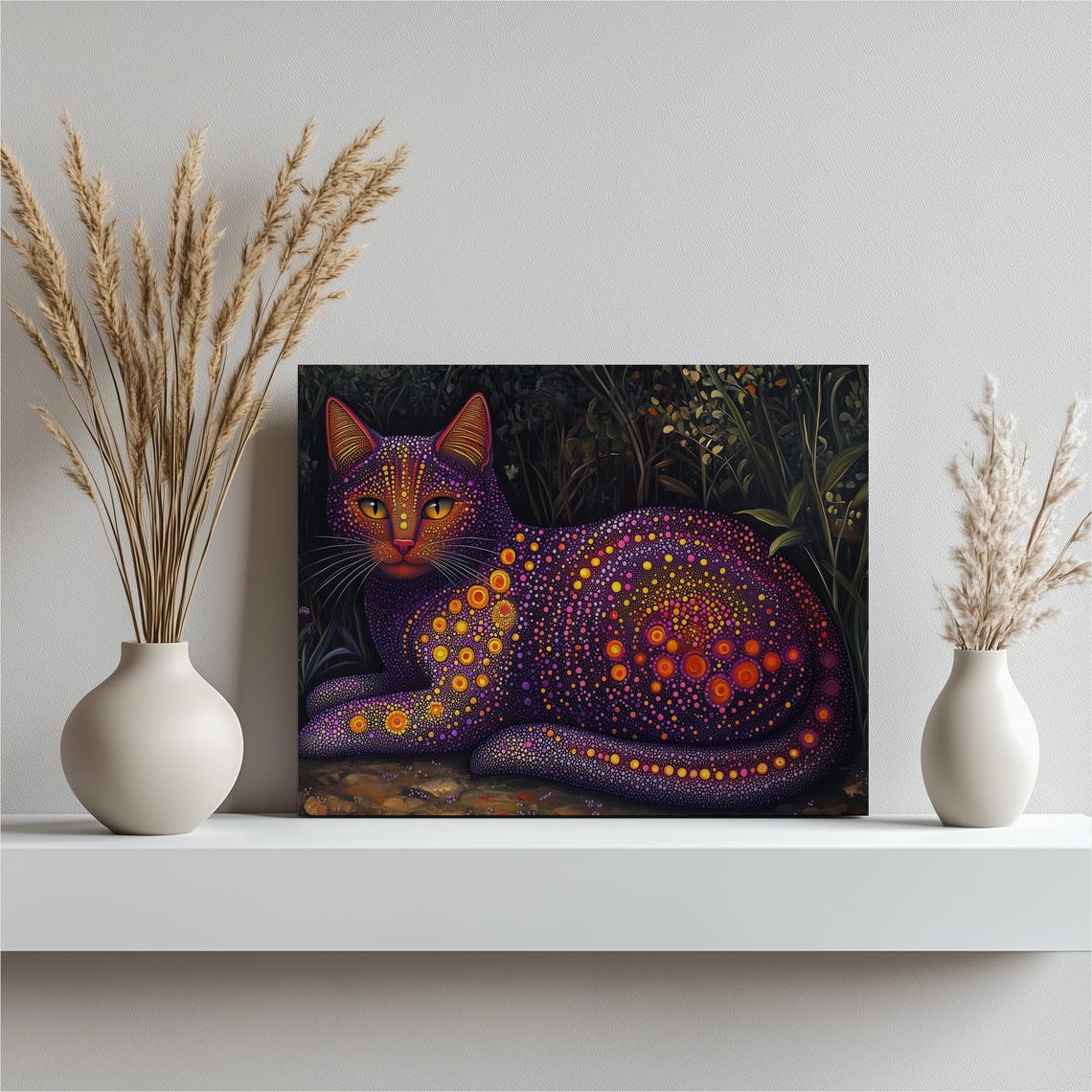 Black Cat Covered in Vibrant Dotwork Pointillism Circles Night Poster