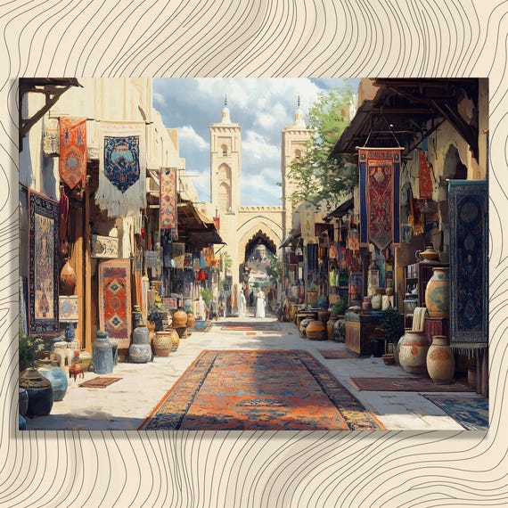 Oriental Rug Market Canvas Wall Art Middle East Bazaar Street Scene With Hanging Tapestries Pottery And Archway Architecture Travel Print