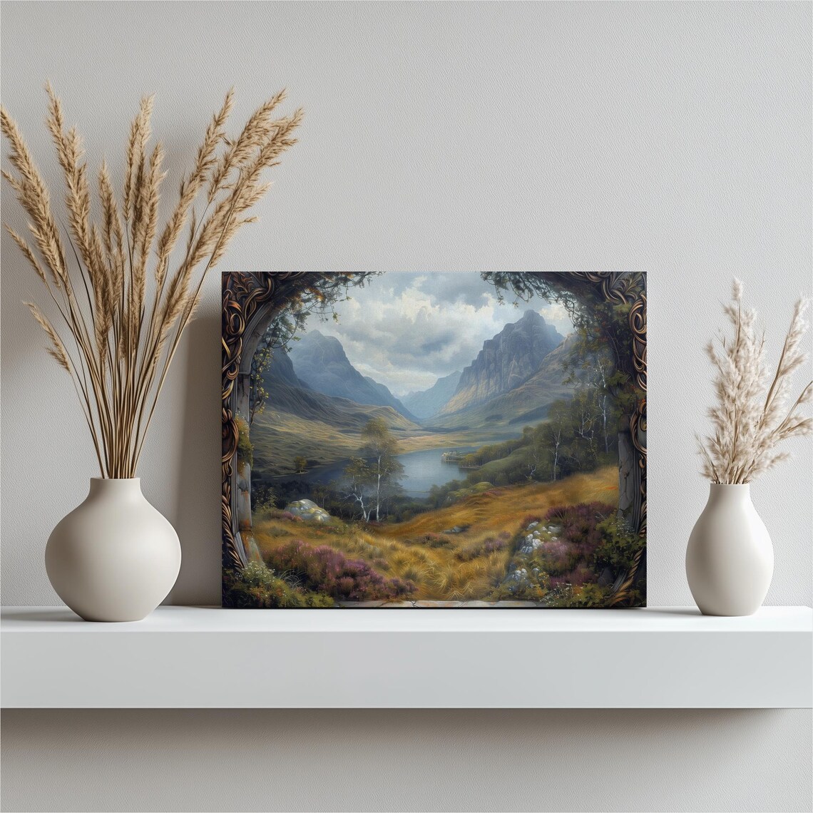 Scottish Highlands Travel Poster, Heather Fields and Lochs