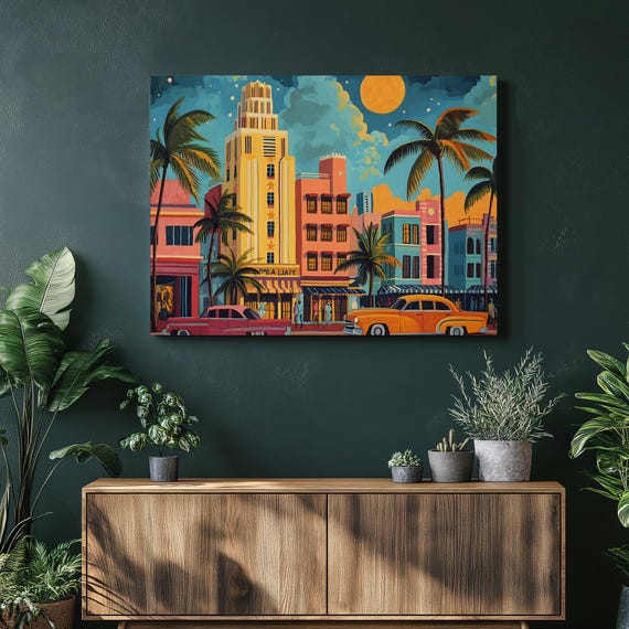 Miami Art Deco Travel Poster, Pastel Cityscape
