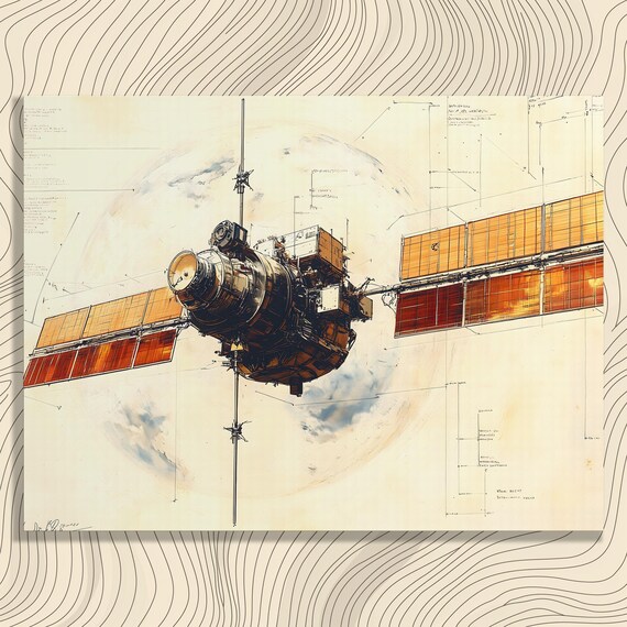 Stunning Vintage Satellite Blueprint Spacecraft Technical Wall Print