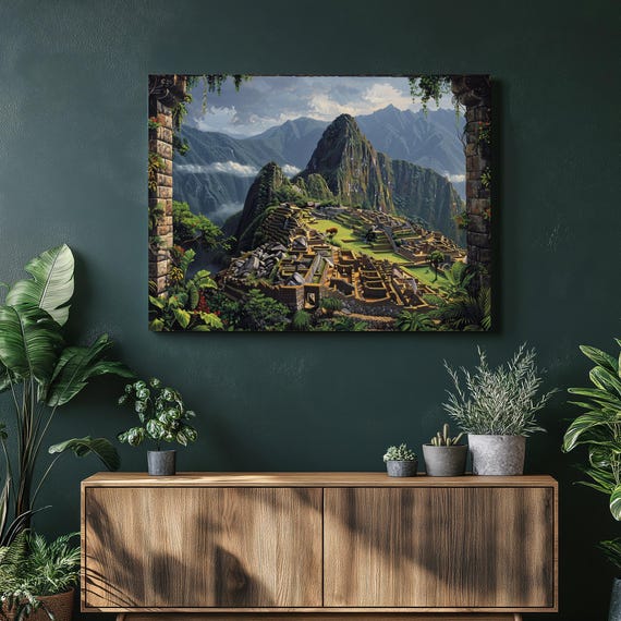Machu Picchu Canvas Wall Art Ancient Terraces Llamas Misty Mountains Tropical Plants High Resolution Oil Painting Detailed Thick