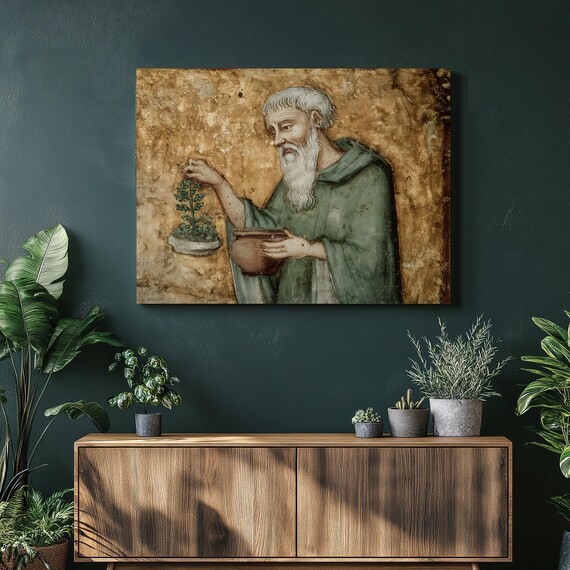 Medieval Fresco of a Bearded Elder Tending a Potted Herb Plant Wall Art