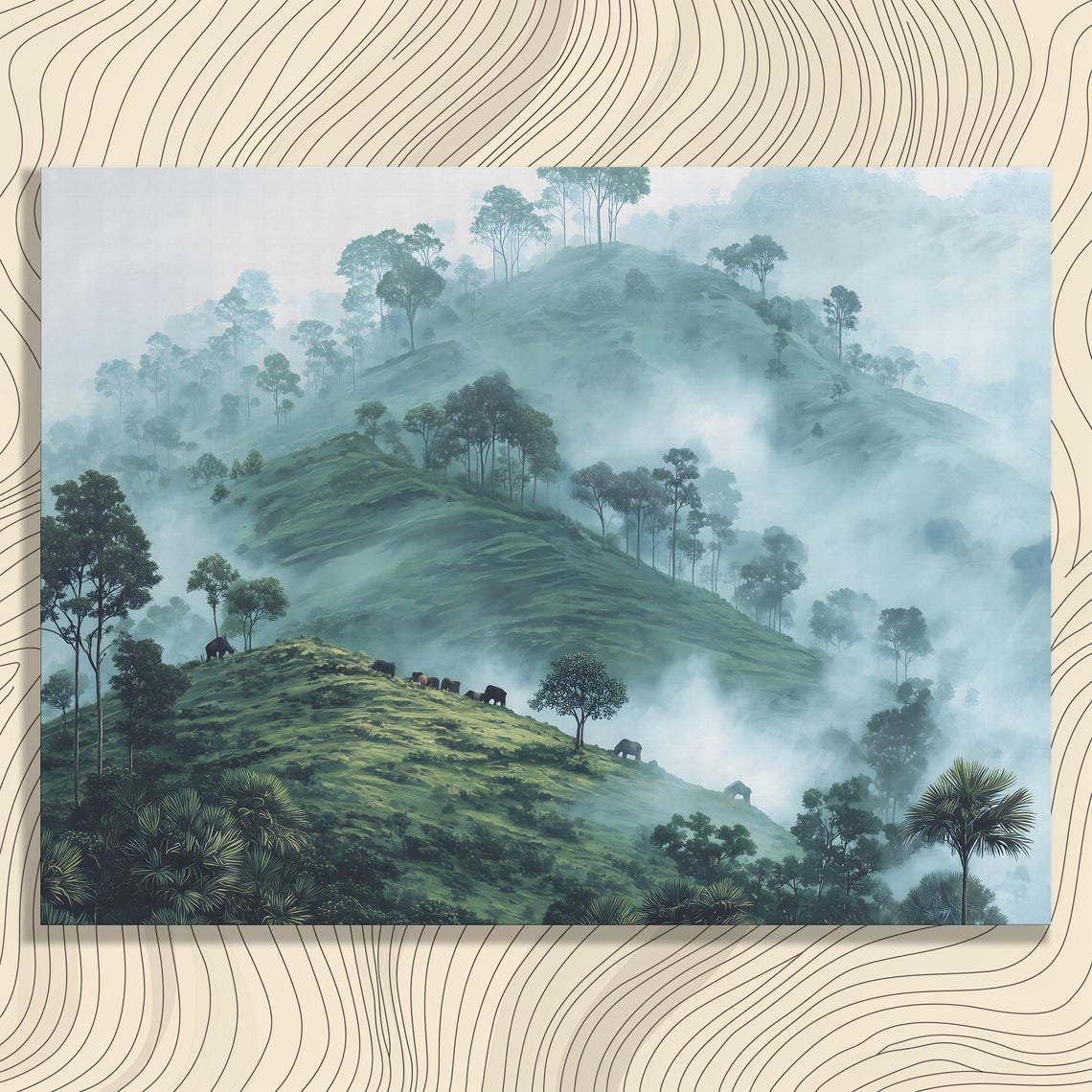 Misty Tropical Mountains Foggy Forest Elephants Calm Nature Art Poster