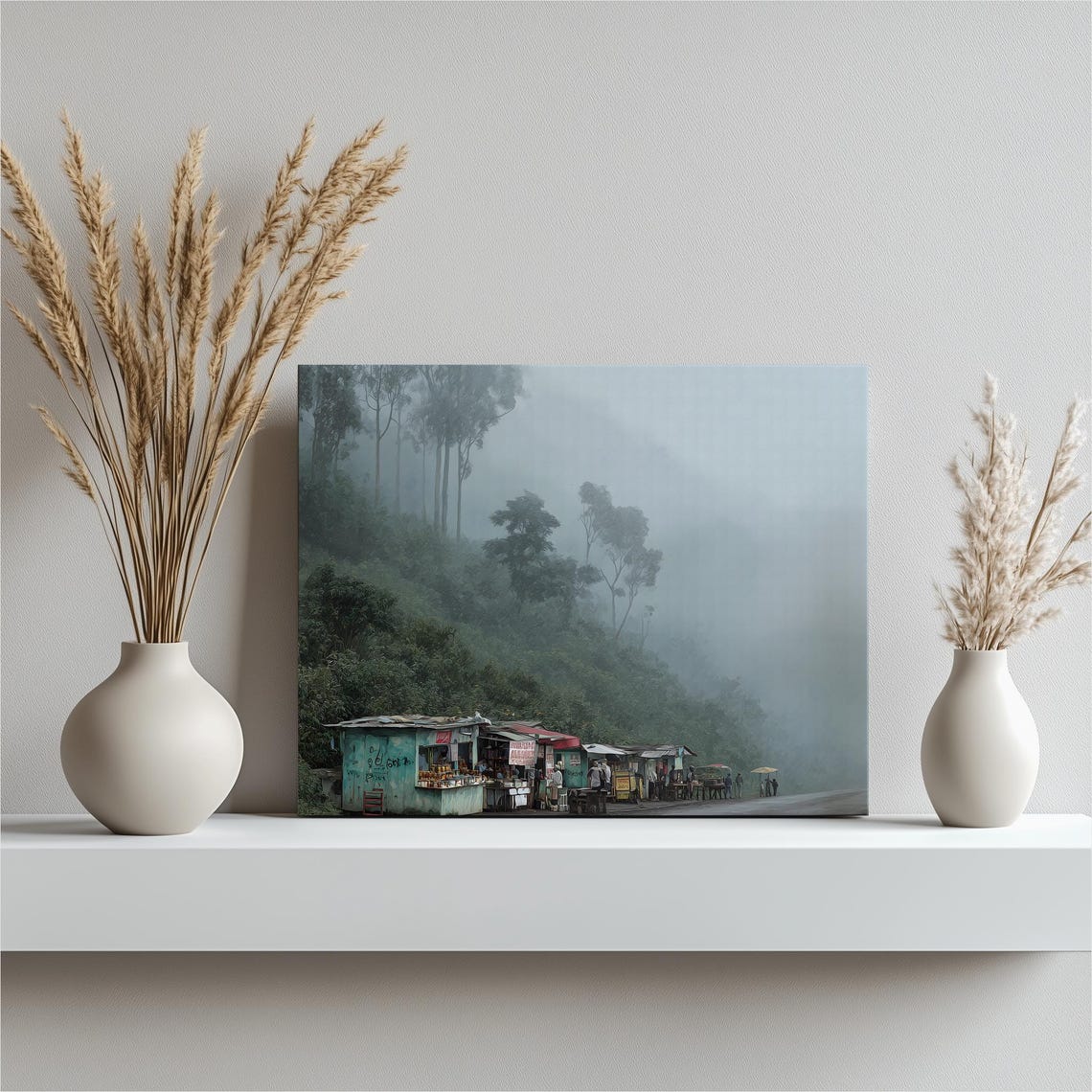 Misty Mountain Roadside Market Foggy Rural Hillside Landscape Poster