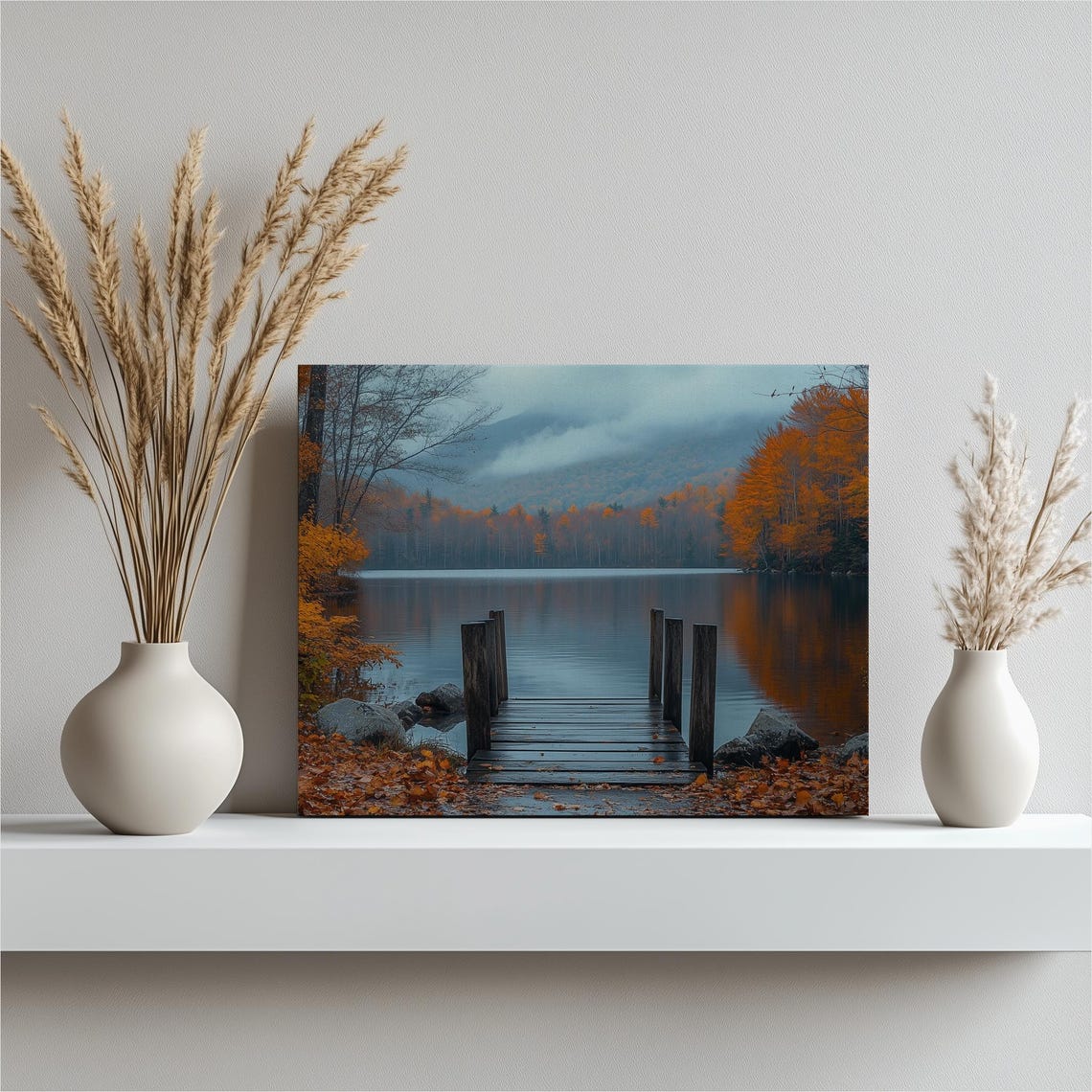 Wooden Dock On Misty Autumn Lake Surrounded By Fall Foliage Poster