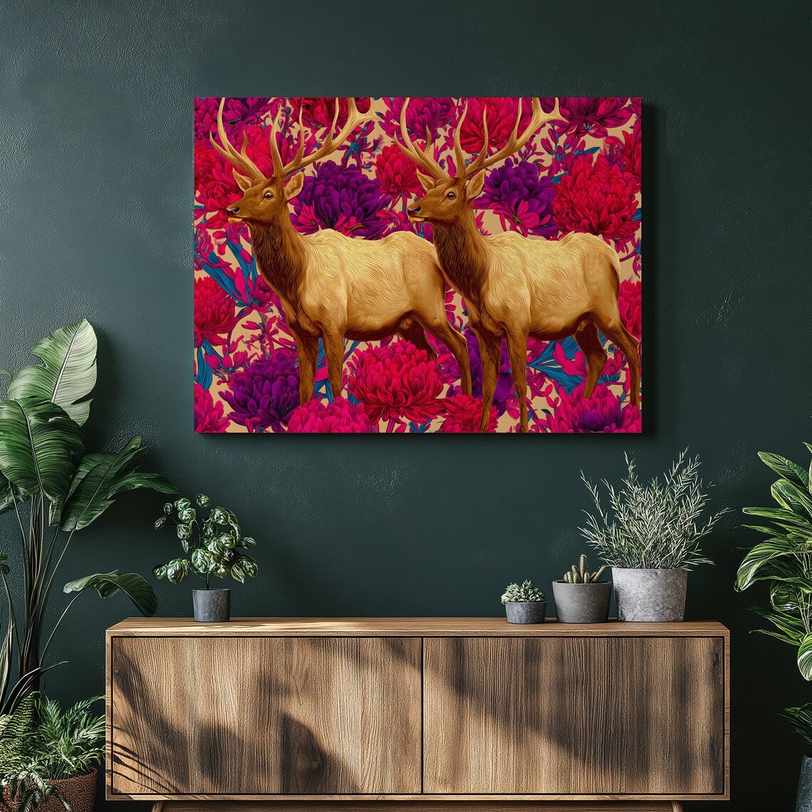 Golden Stag Pair Magenta Chrysanthemum Floral Wildlife Poster