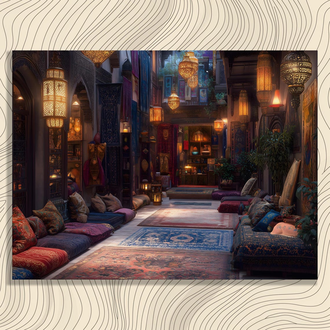 Moroccan Lantern Courtyard Night Scene Glowing Riad Interior Poster