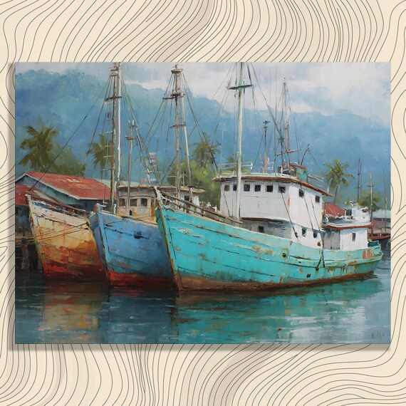 Tropical Harbor Weathered Fishing Trawlers Palm Trees Painting Print