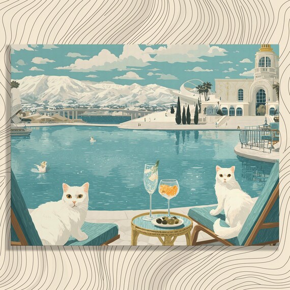 White Cats Poolside Cocktails Mountain Resort Cat Lover Poster