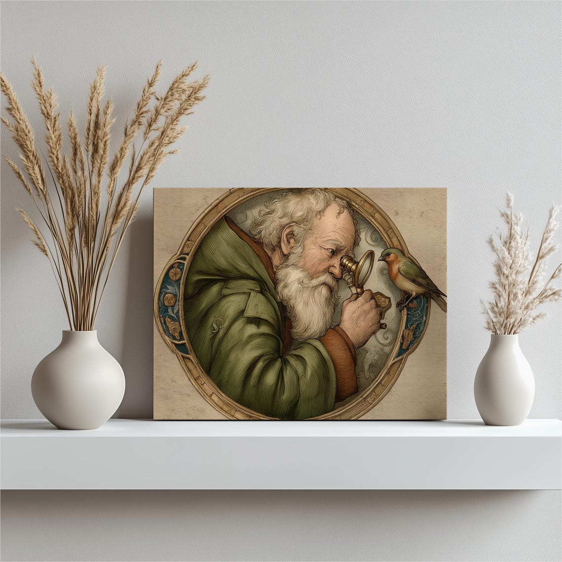 Old Naturalist With Bird Poster Medieval Manuscript Style Wildlife Art