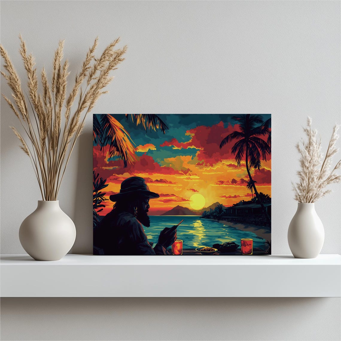 Tropical Sunset Beach Silhouette Palm Trees Ocean View Poster