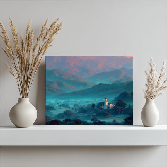 Tropical Sunrise Valley Canvas Wall Art Misty Mountain Landscape Print Palms Serene Church Scene Lush Rainforest Nature Painting