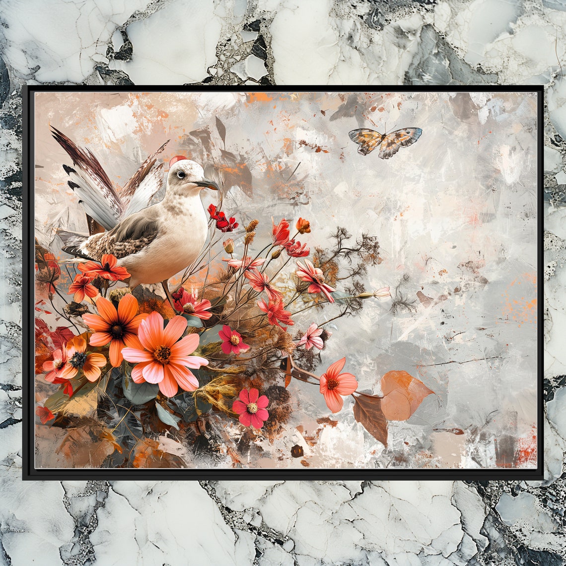 Seagull Among Red Wildflowers Butterfly Painterly Bird Poster