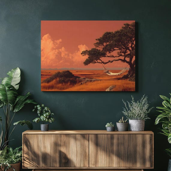 Sunset Hammock Canvas Wall Art Golden Grassland Horizon Modern Nature Decor Serene Landscape Print Orange Sky Clouds Tree Silhouette