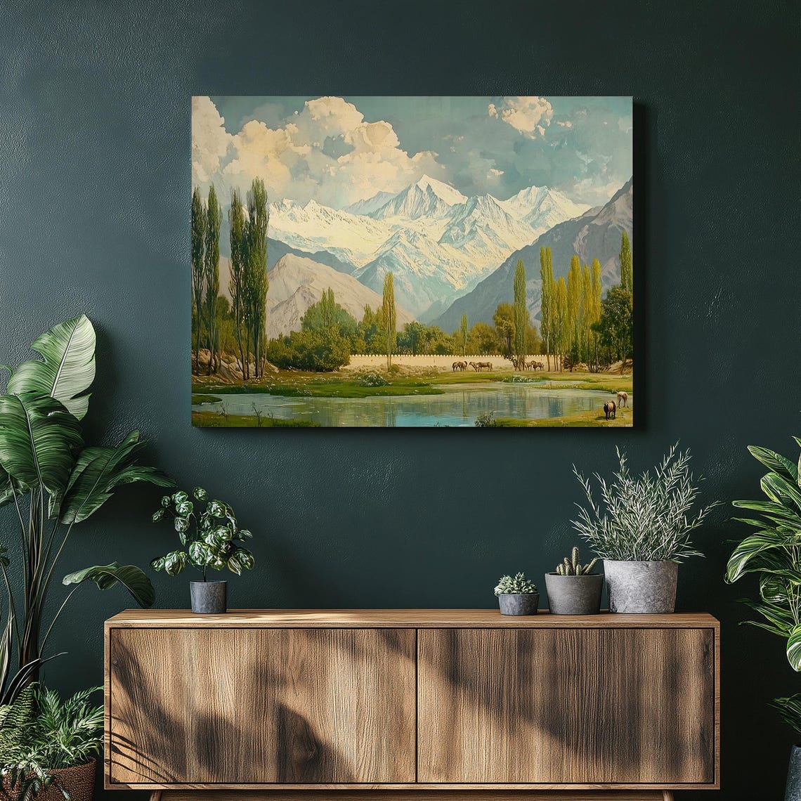 Pakistan Mountain Landscape Snowy Peaks Lake Meadow Painterly Wall Art