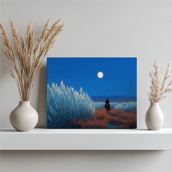 Western Moonlit Cowboy Canvas Wall Art Horse Rider Under Full Moon Night Sky Modern Landscape Print Rustic Ranch Decor Gift