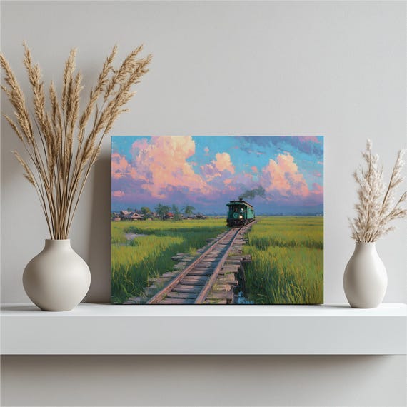 Colorful Train Landscape Canvas Wall Art Impressionist Railway Painting Green Locomotive On Wooden Tracks By Lush Rice Farms Sunset Print