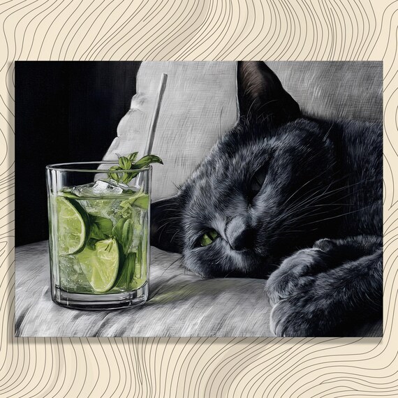 Black Cat Resting Beside A Fresh Lime Mojito Hyperreal Poster