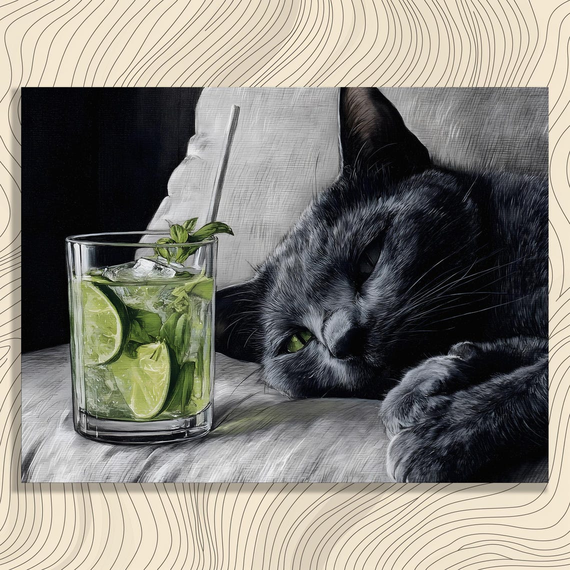 Black Cat Resting Beside A Fresh Lime Mojito Hyperreal Poster