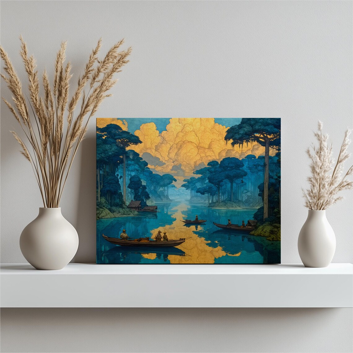 Tropical River Boats Jungle Landscape Golden Sunset Sky Art Poster