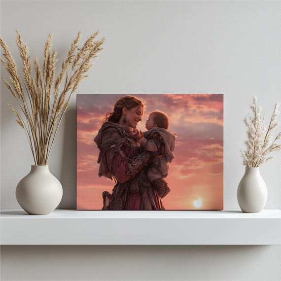 Female Knight Motherhood Canvas Wall Art Medieval Armor Warrior Woman Sunset Sky Gothic Colorful Fantasy Painting Mothers Day