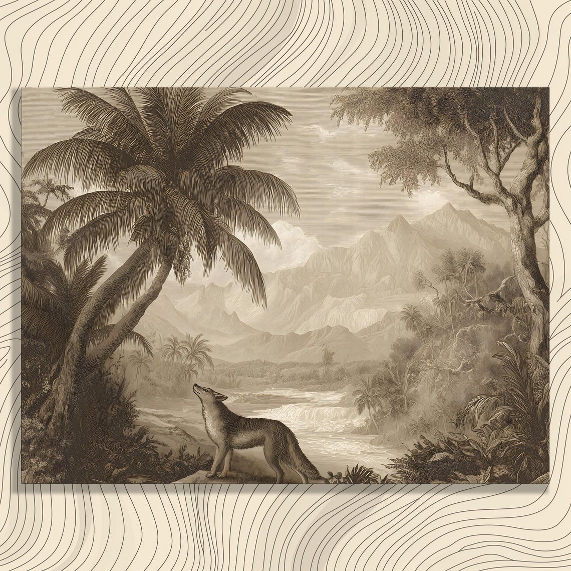 Vintage Fox Sepia Tropical Jungle Palm Tree Mountain Landscape Poster