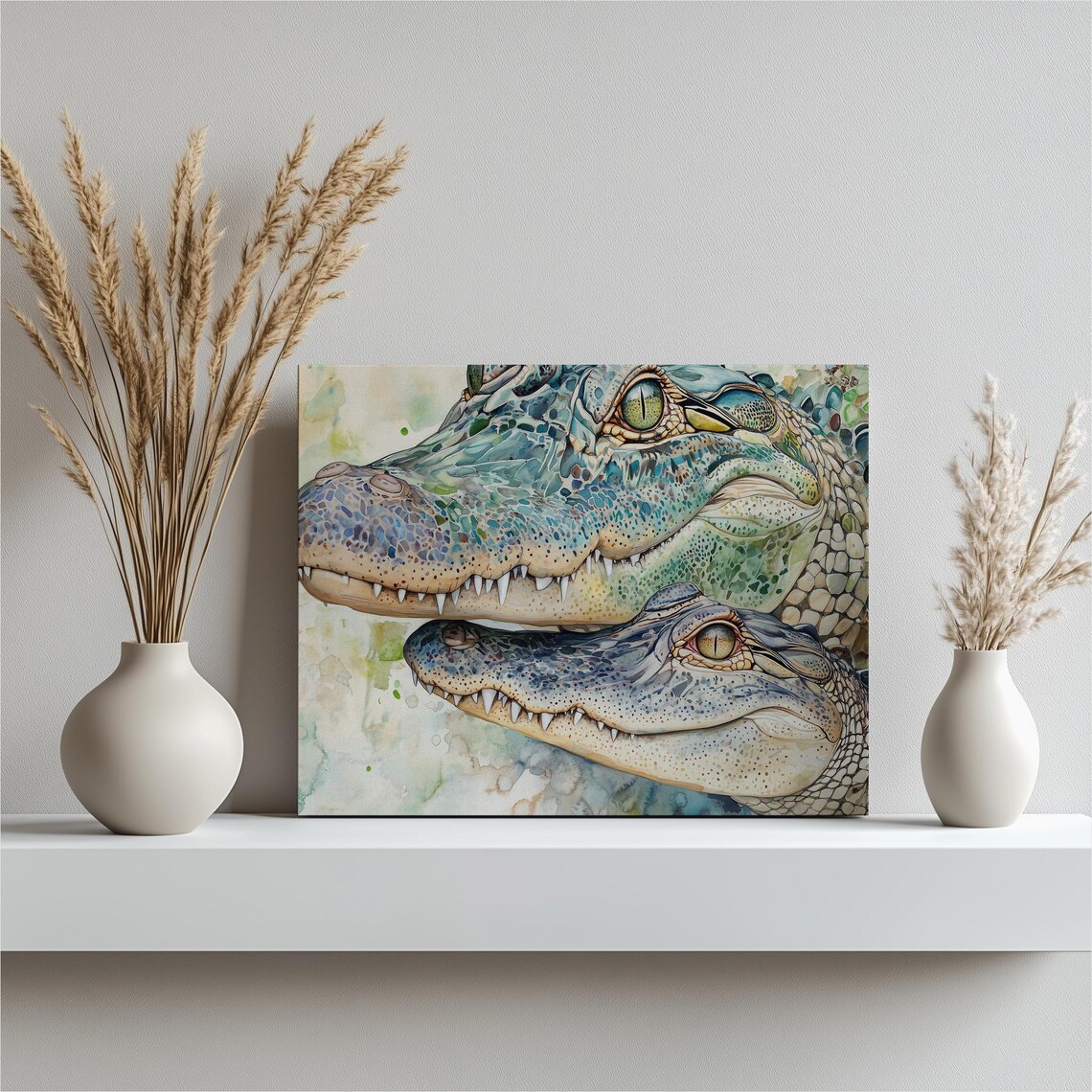 Alligator Mother And Baby Watercolor Wildlife Reptile Wall Art