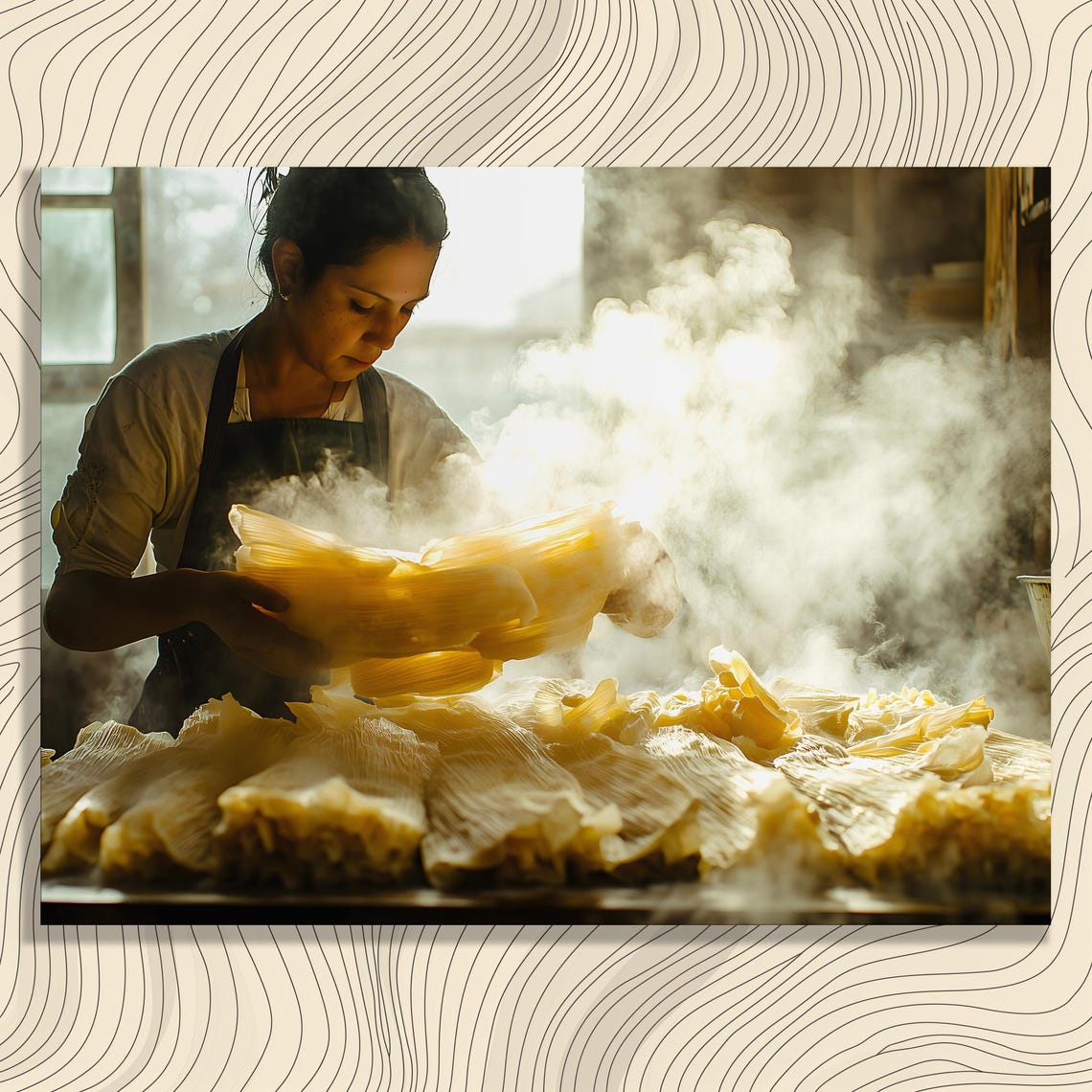 Woman Making Steaming Tamales Traditional Mexican Kitchen Scene Poster