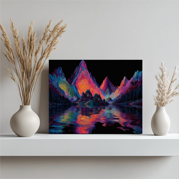 Surreal Mountain Reflection Canvas Wall Art Psychedelic Abstract Neon Landscape Lake Mirror Starry Sky Boho Decor Colorful Mountains Print