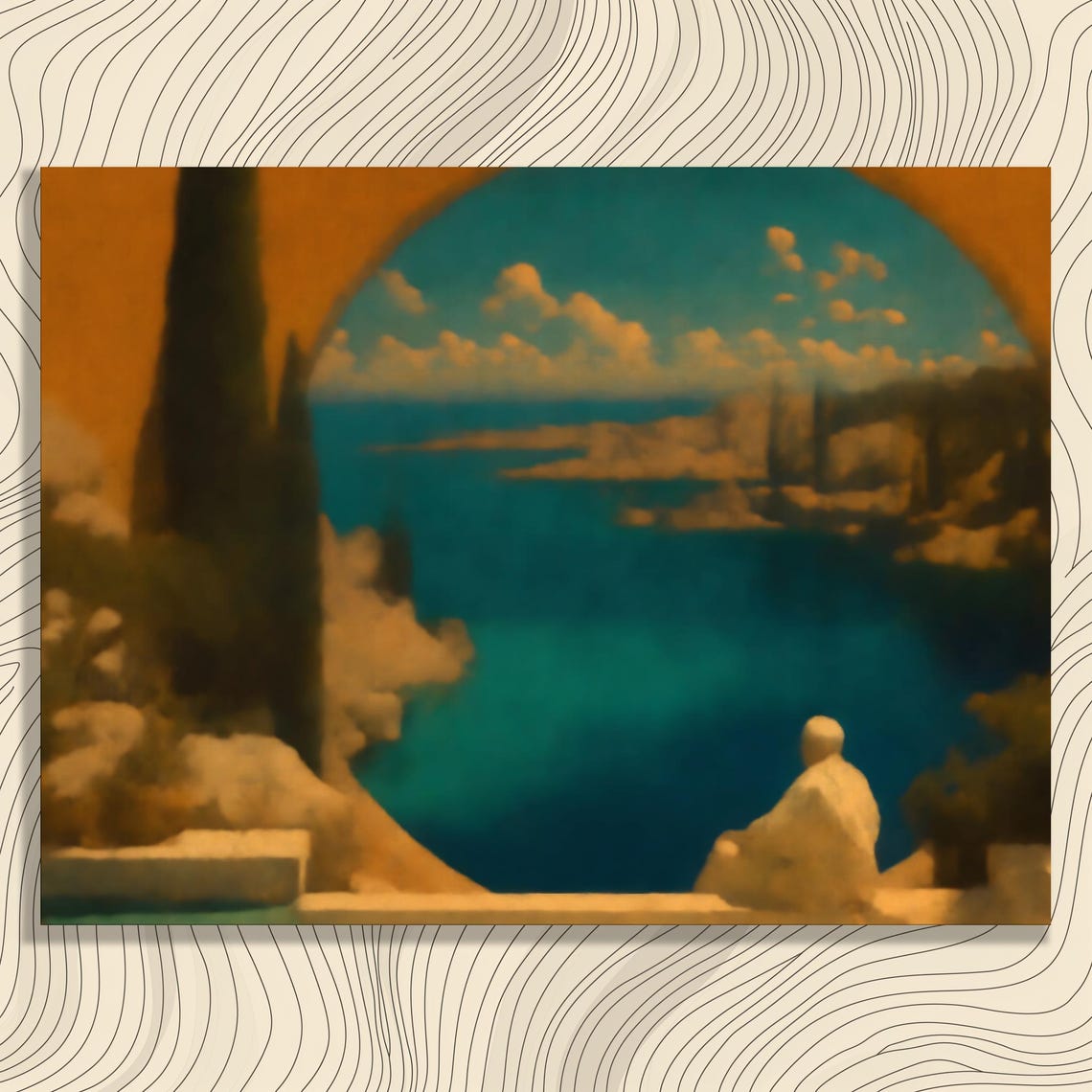 Sunlit Terrace Arch Window Overlooking Turquoise Sea Art Wall Poster