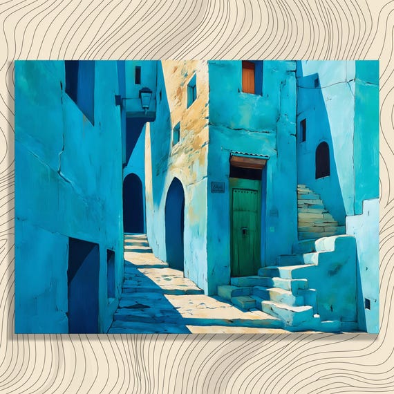 Serene Alleyway Canvas Wall Art Chefchaouen Morocco Landscape Artwork Print With Blue Green Sunlight Shadows Minimal Architecture Decor