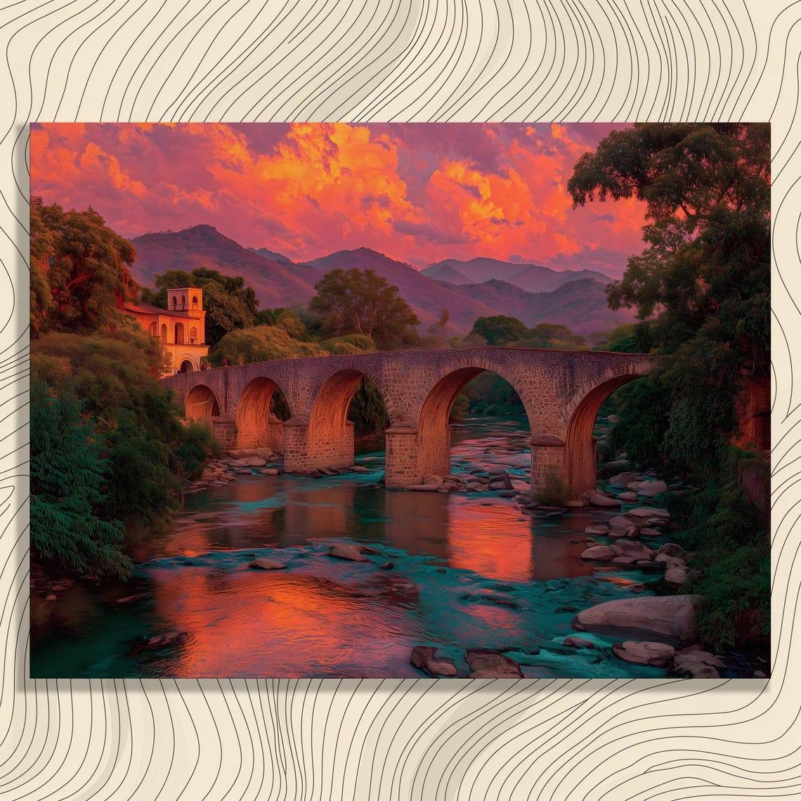 Sunset Stone Arch Bridge River Painting Vibrant Orange Sky Poster