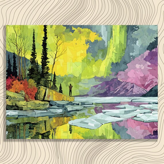 Enchanting Northern Lights Canvas Wall Art Aurora Borealis Landscape Print Colorful Night Sky Painting With Serene Lake Reflection