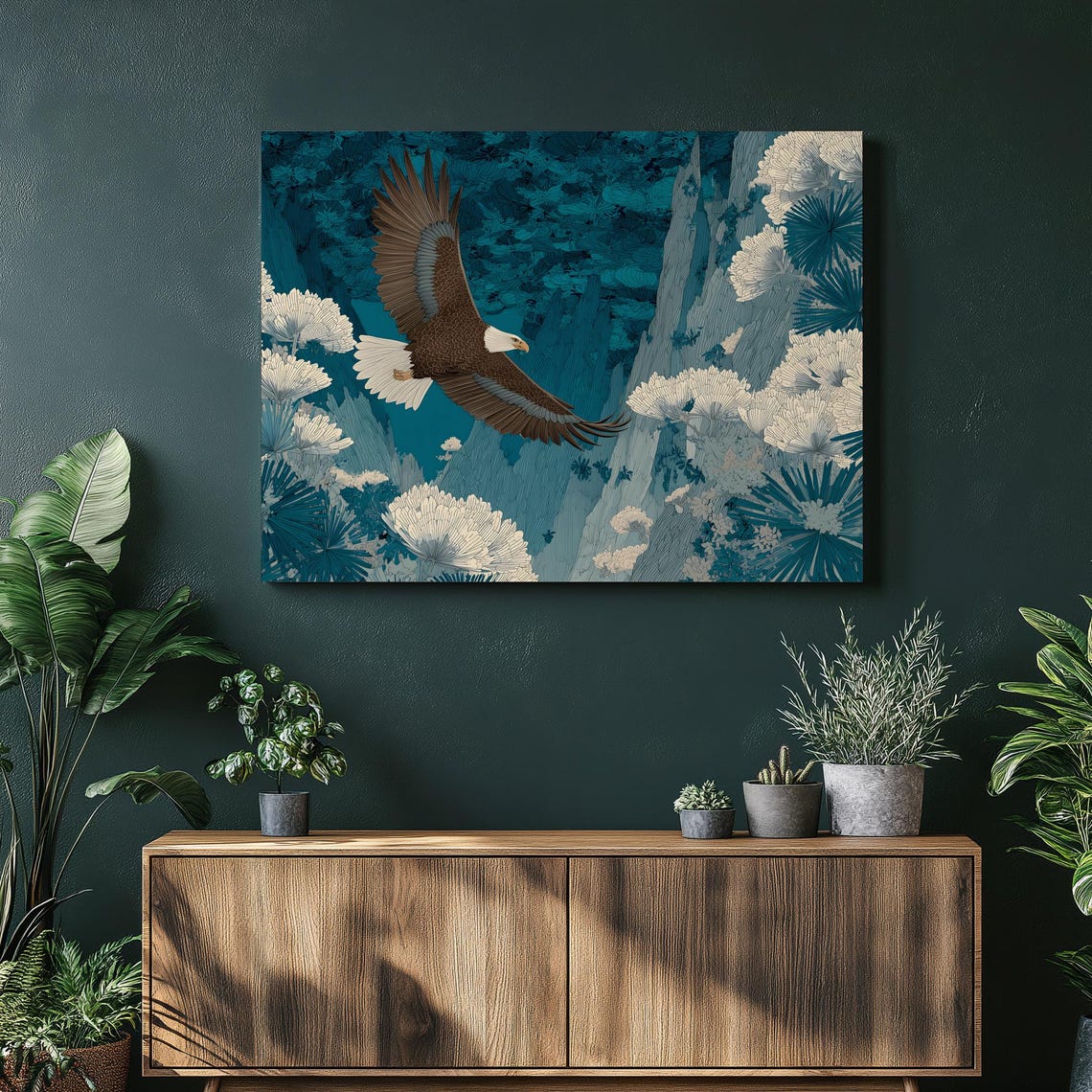 Bald Eagle Soaring Over Blue Mountain Forest Dramatic Wildlife Poster