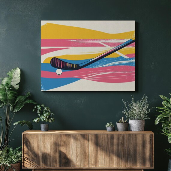 Dynamic Abstract Hockey Stick And Puck Bold Blue Pink Wall Art