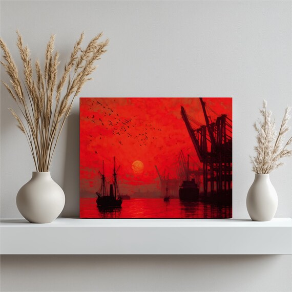 Red Sunset Harbor Painting with Ships Cranes and Birds Silhouette Poster
