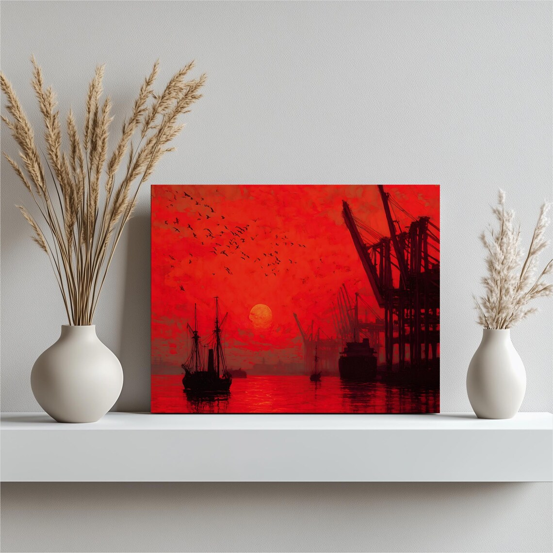 Red Sunset Harbor Painting with Ships Cranes and Birds Silhouette Poster