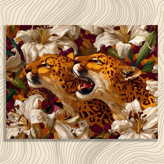 Leopard Lilies Canvas Wall Art Colorful Botanical Wildlife Painting Leopards And Modern Jungle Decor Giclee Print Animal Gift