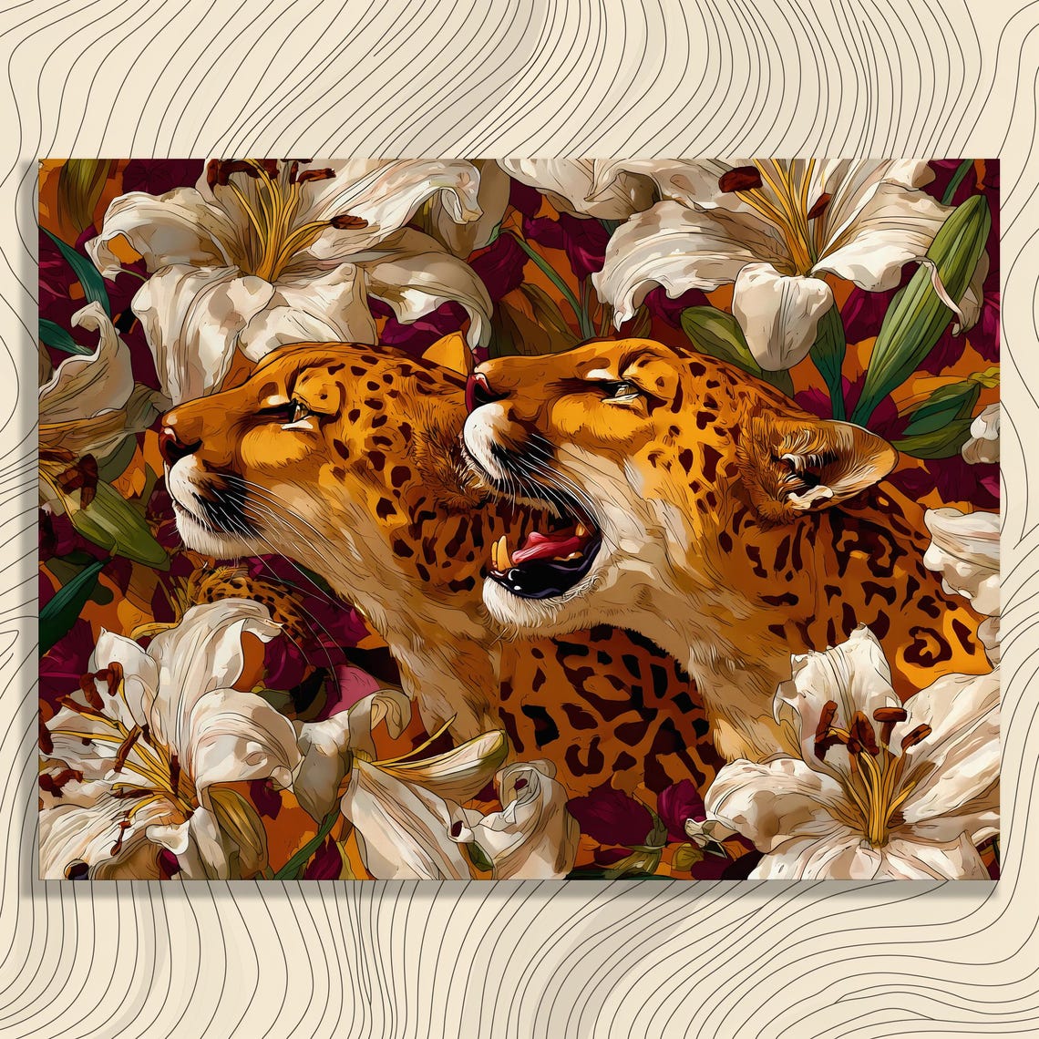 Two Leopards Among White Lilies Bold Botanical Wildlife Art Poster