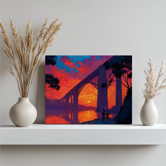 Bridge Sunset Canvas Wall Art Vibrant Landscape Print With Water Reflection Mural Cycling Decor Colorful Sky