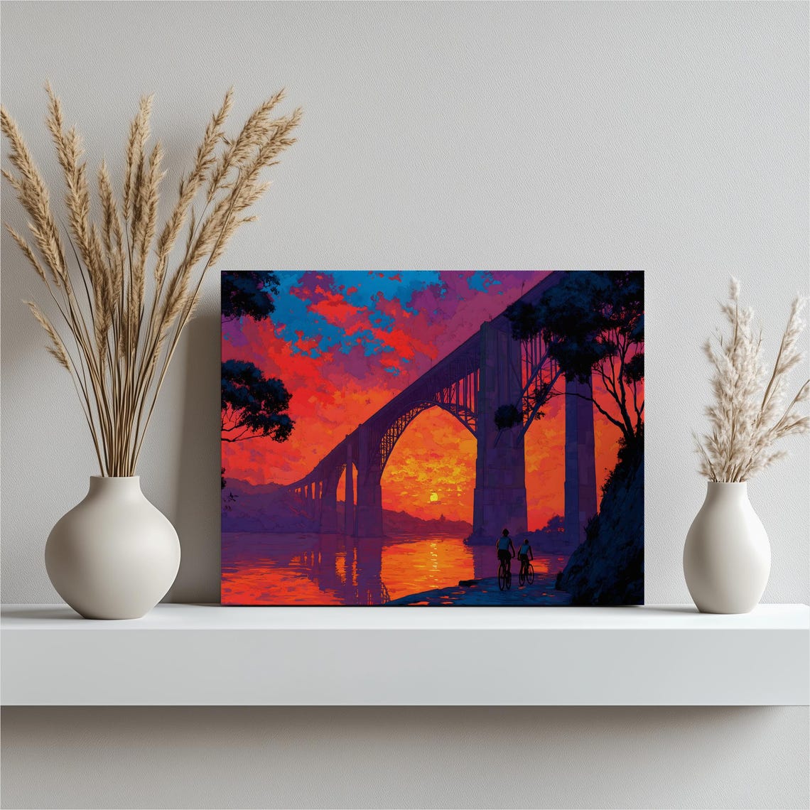 Steel Bridge Sunset Cyclists Neon Red Orange Sky Vibrant Canvas Print