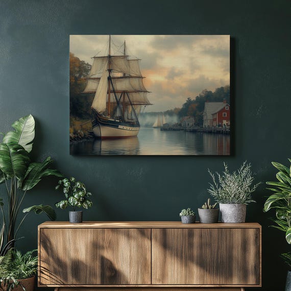 Connecticut Canvas Wall Art Nautical Coastal Painting Mystic Seaport Historic Ships Landscape Autumn Scene Dock Sailboat