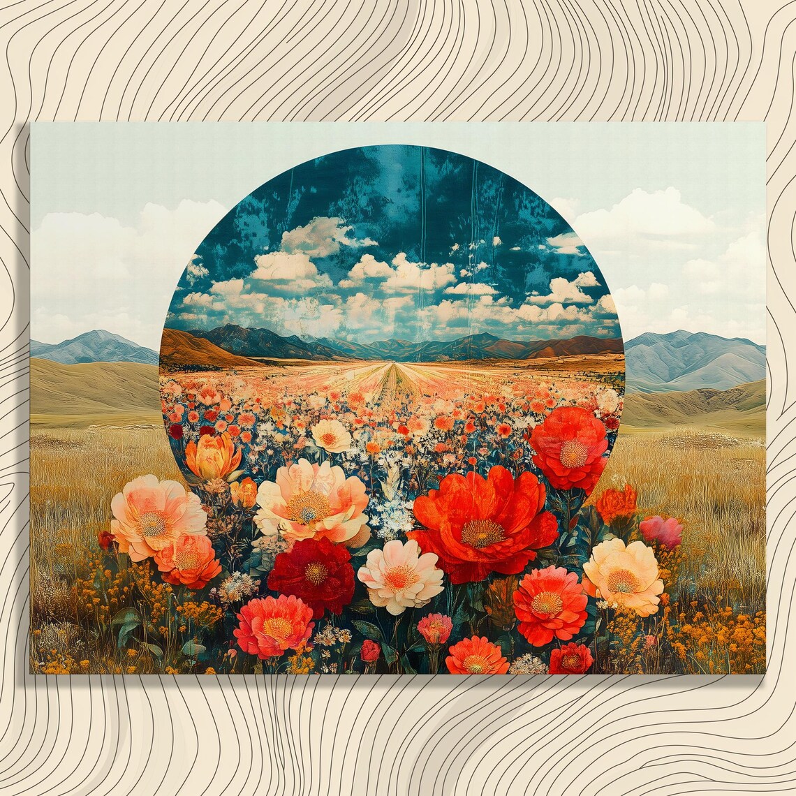 Surreal Poppy Flower Field Mountain Arch Bold Vintage Art Poster