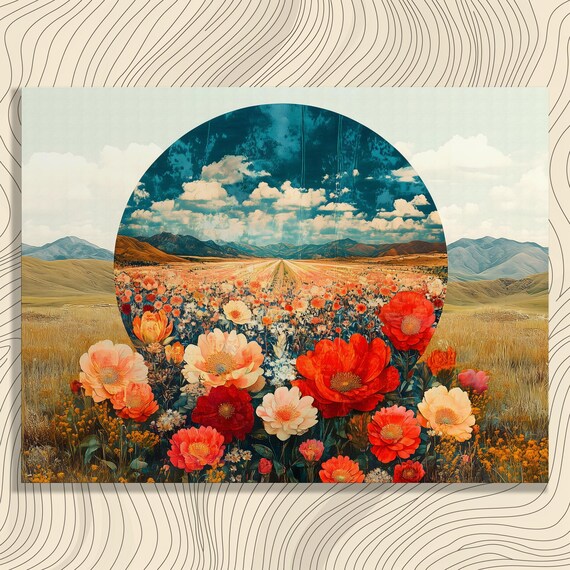 Surreal Poppy Flower Field Mountain Arch Bold Vintage Art Poster