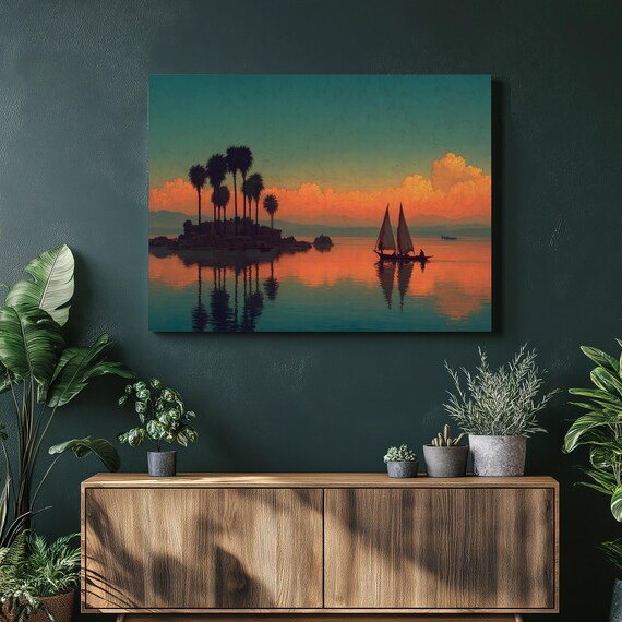 Tropical Sunset Palm Island with Sailboat Silhouette Art Poster
