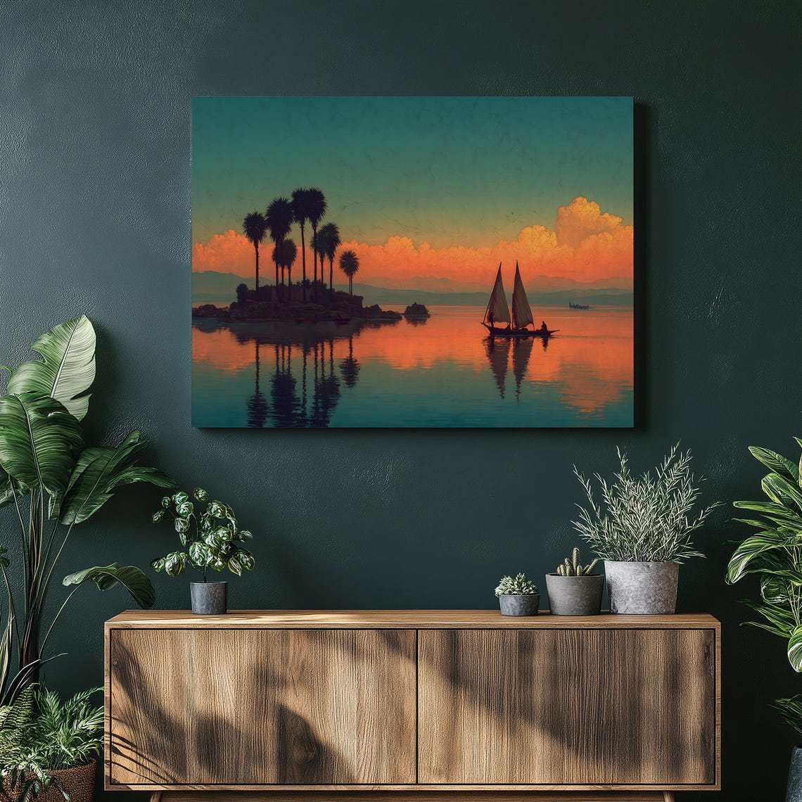 Tropical Sunset Palm Island with Sailboat Silhouette Art Poster