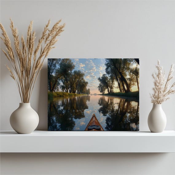 Serene Lake Kayak Canvas Wall Art Sunrise Water Reflection Print Nature Landscape Decor Classic Lakefront Photography Rustic