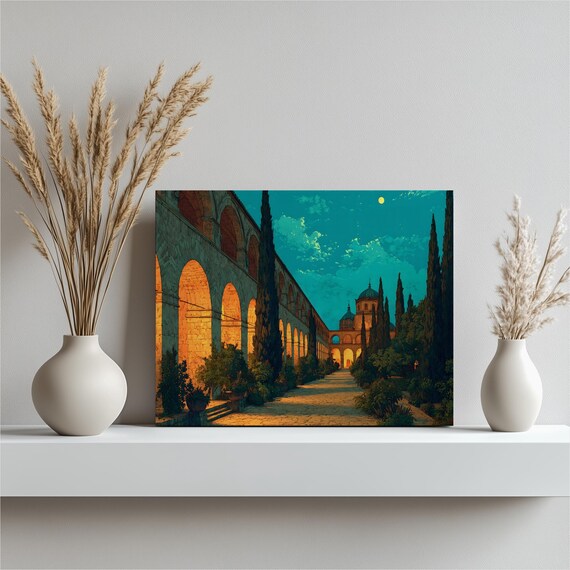 Mediterranean Courtyard Moonlit Arches Italian Colonnade Night Poster
