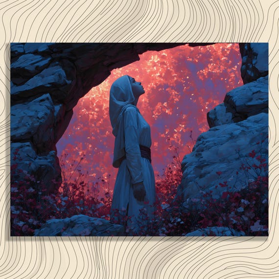 Dawn Robed Woman Canvas Wall Art Rocky Arch Cave Opening At Sunrise Sky With Pink Clouds And Wildflowers Spiritual Decor Fantasy